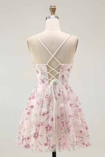 Pink Floral Sequins A Line Short Homecoming Dress with Lace Up Back